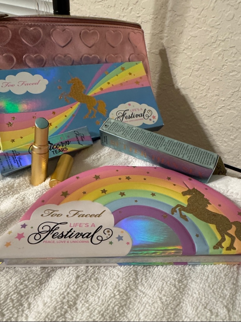 Too Faced Rainbow Unicorn Kids Cosmetic Pouch and Palette -Pink, Gold, Blue.